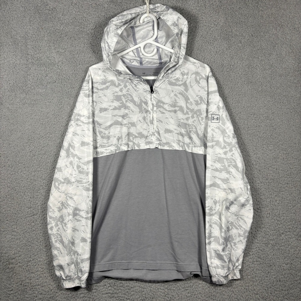 Under Armour Windbreaker Men L Grey Camo Quarter-Zip Fitted Hooded Jacket Active